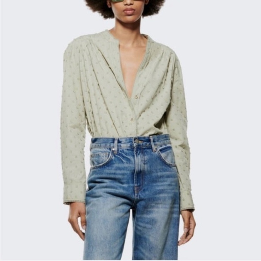 ZARA Light Green Plumetis Blouse with Lace Trim Size X-Large